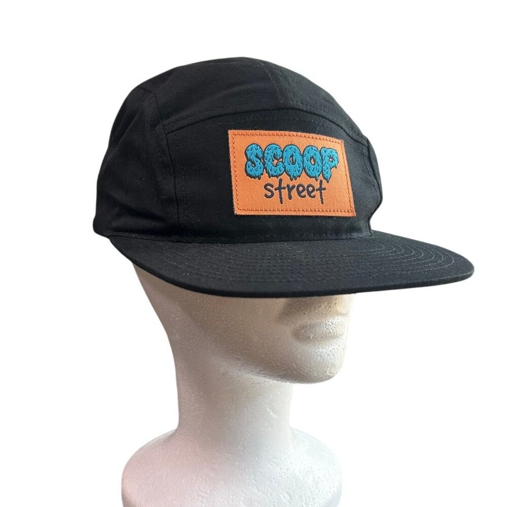 5 Panel Hat- Scoop street- black with logo patch orange blue- pre-owned cap
